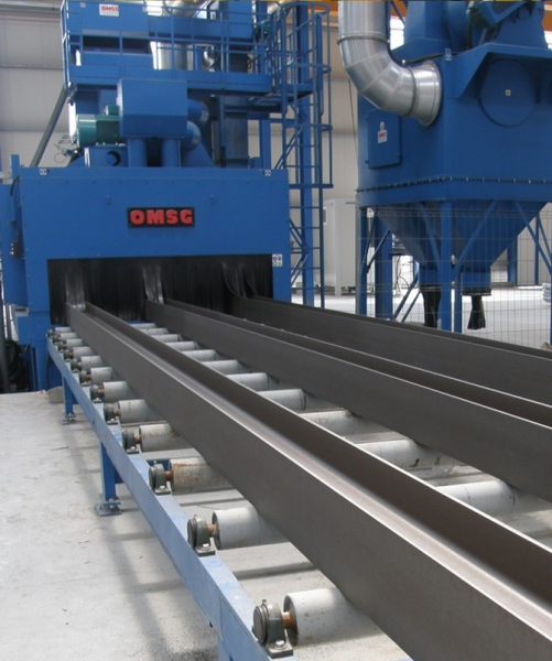 Continuous wheel blast machines with roller track